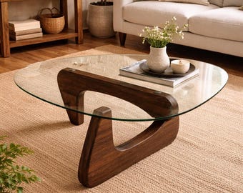 Triangular Glass Coffee Table with Solid Wood Base, Modern Sculptural Center Table, Tempered Glass Living Room Furniture