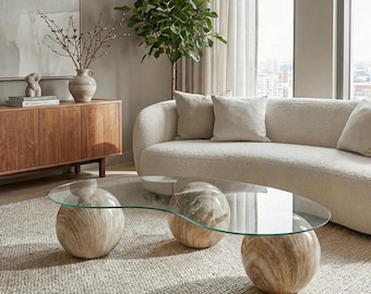 Modern Organic Glass Coffee Table with  Sphere Legs, Sculptural Luxury Center Table, Contemporary Living Room Decor, Home Decor