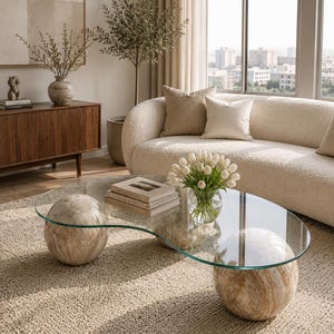 Puede incluir: Salón moderno con una mesa de centro de cristal con bases esféricas de mármol. Un ramo de tulipanes blancos está sobre la mesa. También se ven un sofá curvo color crema y un mueble de madera. La habitación tiene una paleta de colores neutros.