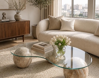 May include: A coffee table featuring a clear, organic-shaped glass top supported by two large, spherical bases made of polished beige and brown marbled stone. The table holds a glass vase filled with white tulips and a stack of three books.