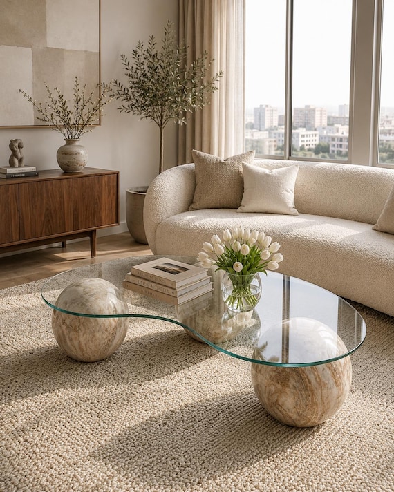 Moderner organischer Glas-Couchtisch mit Kugelbeinen, skulpturaler Luxus-Mitteltisch, zeitgenössisches Wohnzimmerdekor, Wohndekor