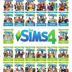 Pode incluir: Uma coleção de pacotes de jogo e pacotes de objetos do The Sims 4, com vários temas e expansões. As caixas exibem gráficos coloridos e ilustrações de personagens, com títulos como "Vida na Cidade" e "Dia de Spa."
