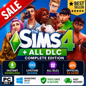 Op de afbeelding: De gamecover van De Sims 4 + All DLC Complete Edition. Het toont een groep diverse personages, het logo van de game en tekst die direct downloaden, levenslange toegang en alle DLC's aangeeft. De cover benadrukt ook dat het een pc-game is.