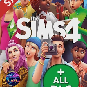 Pode incluir: Capa do jogo The Sims 4 com um grupo de personagens animados. O título é exibido com uma faixa vermelha "SALE". Inclui "+ ALL DLC" e classificação PEGI 12. Requer conexão com a Internet.