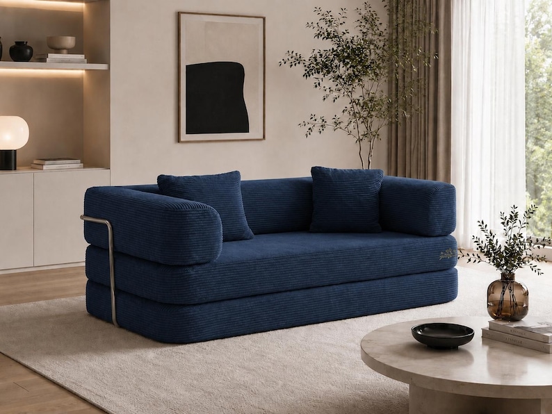 May include: A modern, navy blue corduroy sofa with two matching throw pillows. The sofa has a low profile and a minimalist design, with a silver metal armrest. The sofa is placed on a light beige rug.