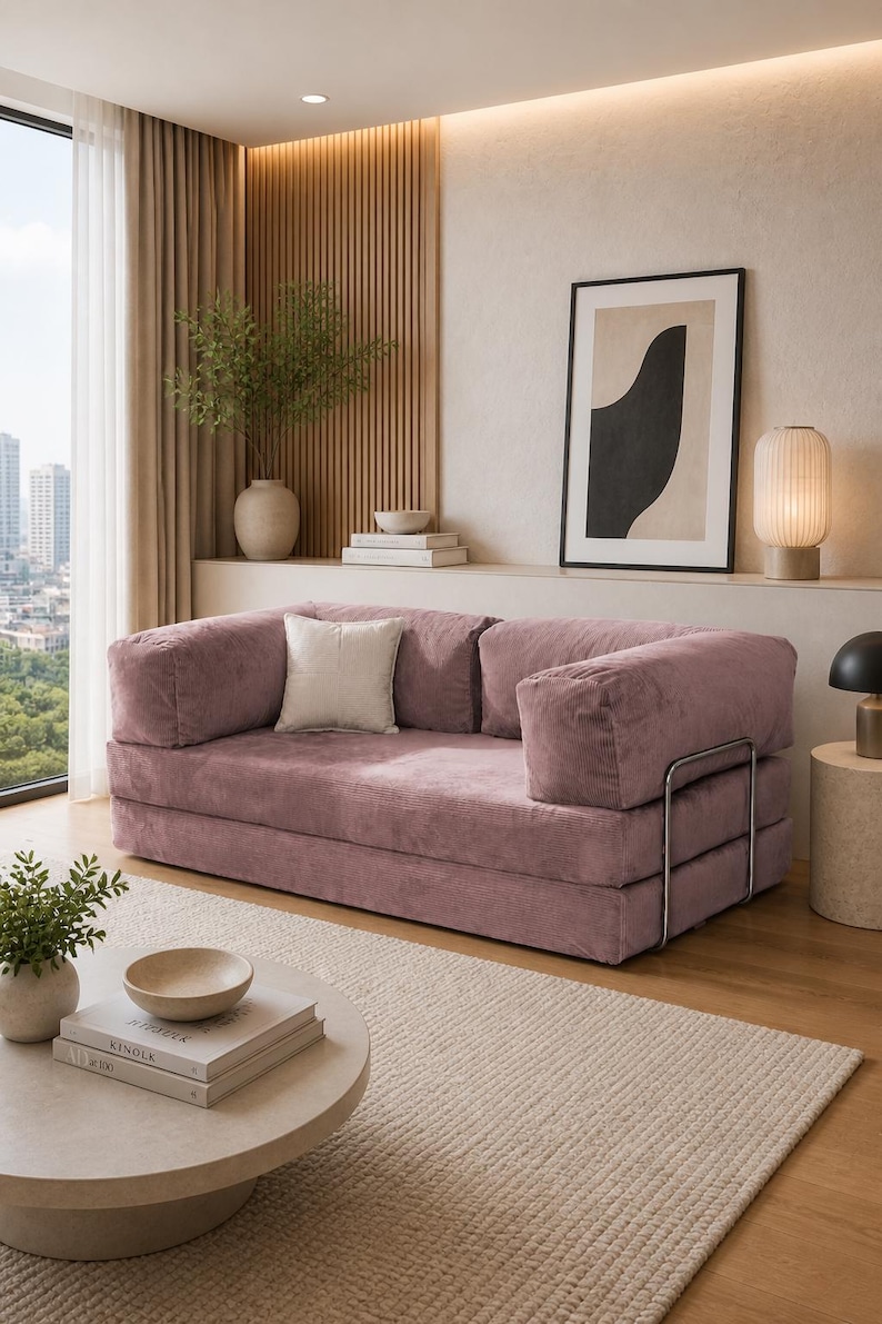 Puede incluir: Un sof&aacute; de pana rosa polvoriento con un dise&ntilde;o minimalista. El sof&aacute; tiene un perfil bajo, brazos cuadrados y una estructura met&aacute;lica. Un coj&iacute;n blanco descansa sobre el sof&aacute;. La habitaci&oacute;n presenta una paleta de colores neutros con una alfombra, obras de arte y una mesa auxiliar.