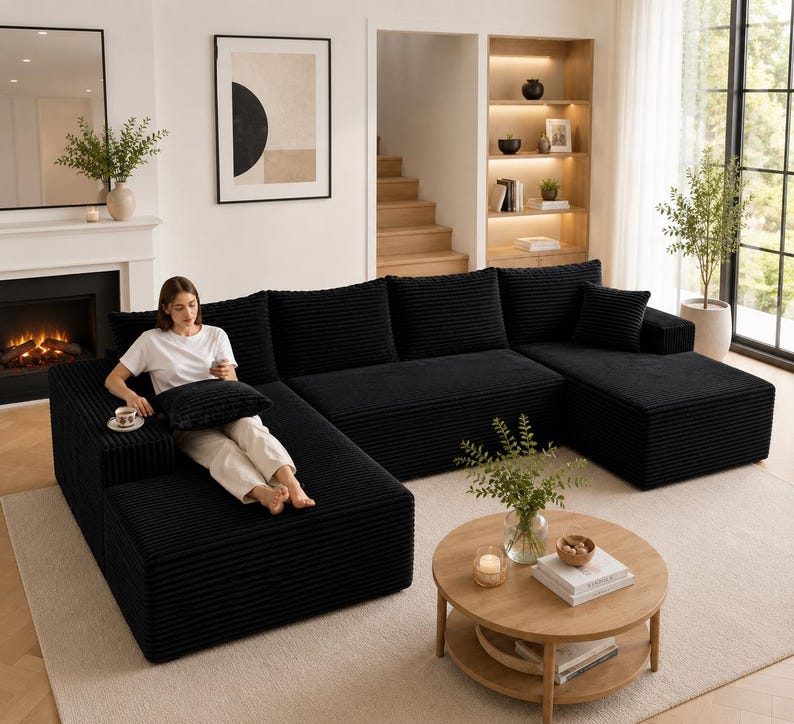 Puede incluir: Un gran sof&aacute; modular de esquina de pana negro con varios cojines. El sof&aacute; est&aacute; dispuesto en forma de L, con una persona sentada en la secci&oacute;n de la esquina. Una mesa de centro redonda de madera con libros y un jarr&oacute;n con flores est&aacute; frente al sof&aacute;.