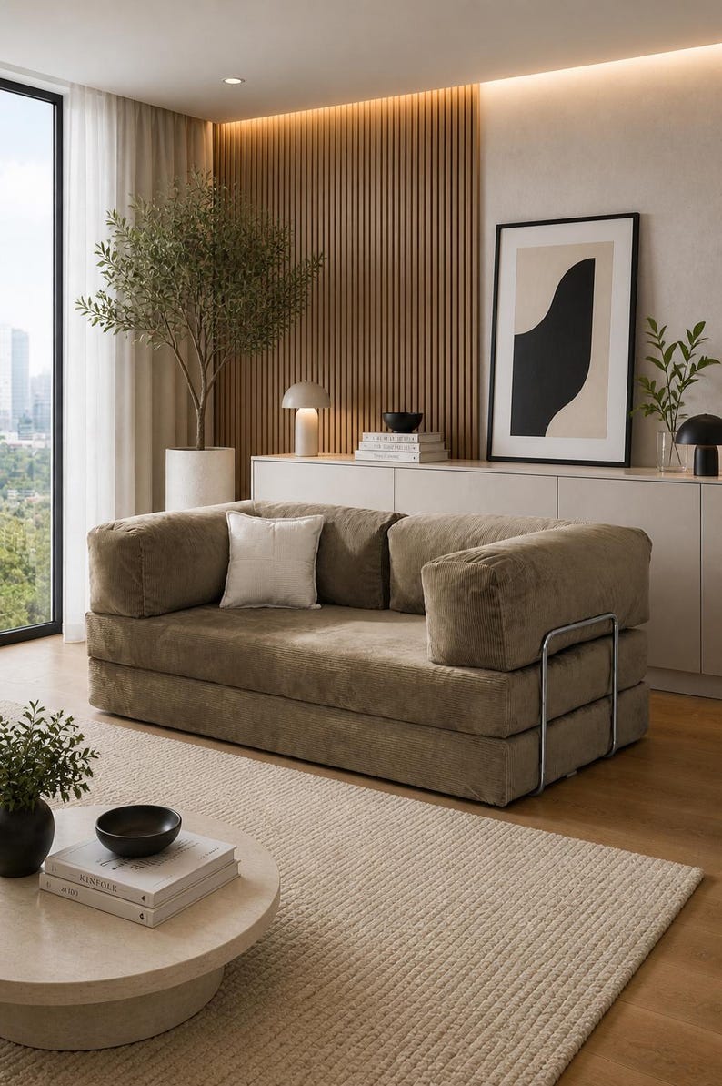 Puede incluir: Un sal&oacute;n moderno con un gran sof&aacute; de pana verde oliva y un coj&iacute;n blanco. La habitaci&oacute;n incluye una alfombra de tonos neutros, una mesa de centro redonda y una obra de arte abstracta enmarcada. Tambi&eacute;n se ven un olivo en maceta y una ventana con vistas a la ciudad.