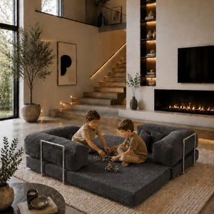 Puede incluir: Un sal&oacute;n moderno con un gran sof&aacute; modular gris oscuro. Dos ni&ntilde;os juegan en el sof&aacute;. La habitaci&oacute;n presenta una paleta de colores neutros, una chimenea y una escalera que conduce a un segundo nivel.