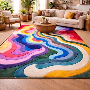 Alfombra ondulada abstracta y colorida, alfombra moderna estilo boho para sala de estar, alfombra arcoíris sdt612