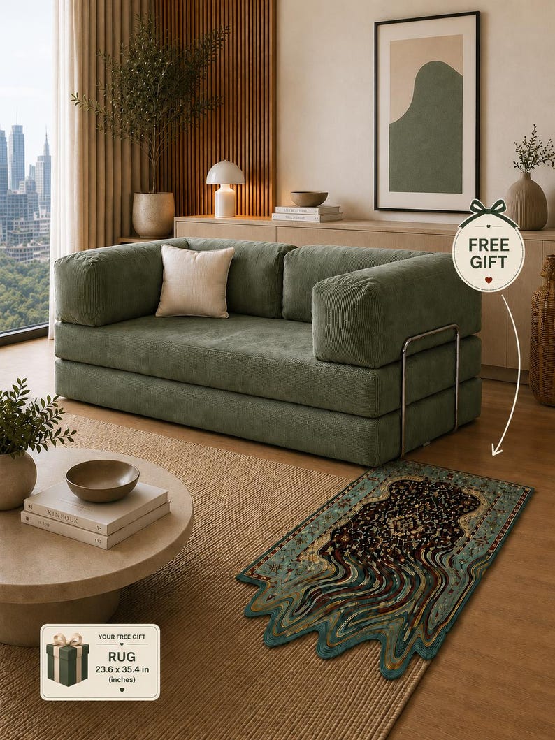 Puede incluir: Un sal&oacute;n moderno con un sof&aacute; de pana verde, una alfombra beige y una alfombra estampada con un dise&ntilde;o ondulado &uacute;nico. La habitaci&oacute;n incluye una mesa de centro redonda, una obra de arte enmarcada y un regalo de una alfombra de 60 x 90 cm.