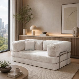 Puede incluir: Un sal&oacute;n moderno con un sof&aacute; de pana color crema con estructura met&aacute;lica. La habitaci&oacute;n incluye una mesa de centro redonda de madera, una alfombra estampada y una gran ventana con vistas a la ciudad. Objetos decorativos y una l&aacute;mpara est&aacute;n sobre un mueble de madera.
