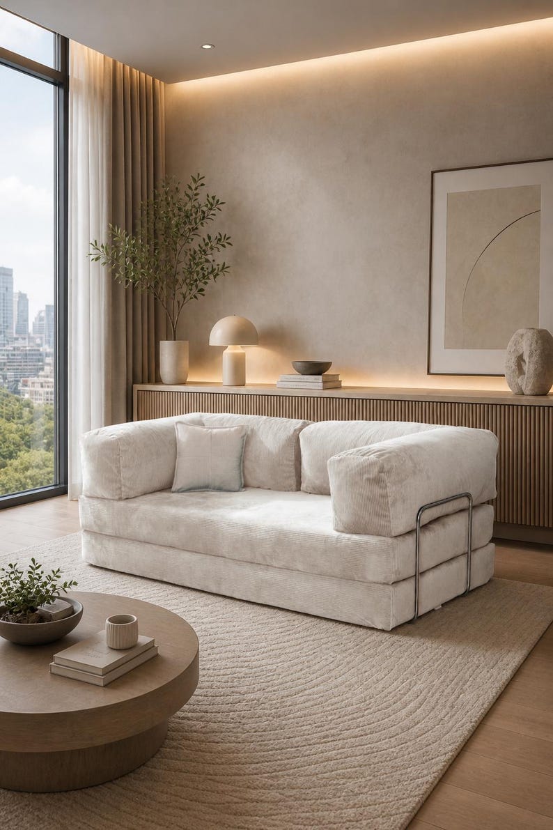 Puede incluir: Un sal&oacute;n moderno con un sof&aacute; de pana color crema con estructura met&aacute;lica. La habitaci&oacute;n incluye una mesa de centro redonda de madera, una alfombra estampada y una gran ventana con vistas a la ciudad. Objetos decorativos y una l&aacute;mpara est&aacute;n sobre un mueble de madera.