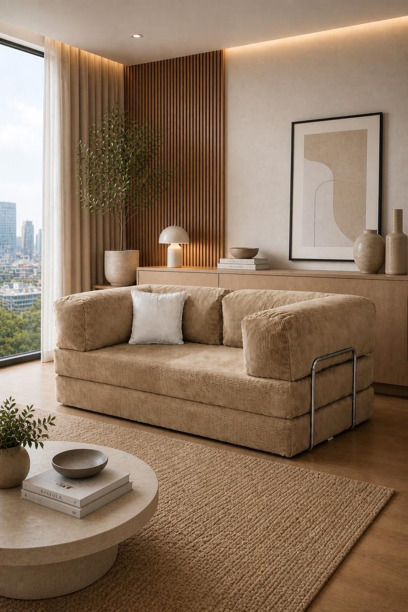 Puede incluir: Sal&oacute;n moderno con un sof&aacute; de pana beige. El sof&aacute; tiene un perfil bajo y detalles met&aacute;licos. Un coj&iacute;n blanco descansa sobre el sof&aacute;. La habitaci&oacute;n incluye una mesa de centro redonda, una alfombra y un mueble de madera. El conjunto es de tonos neutros.