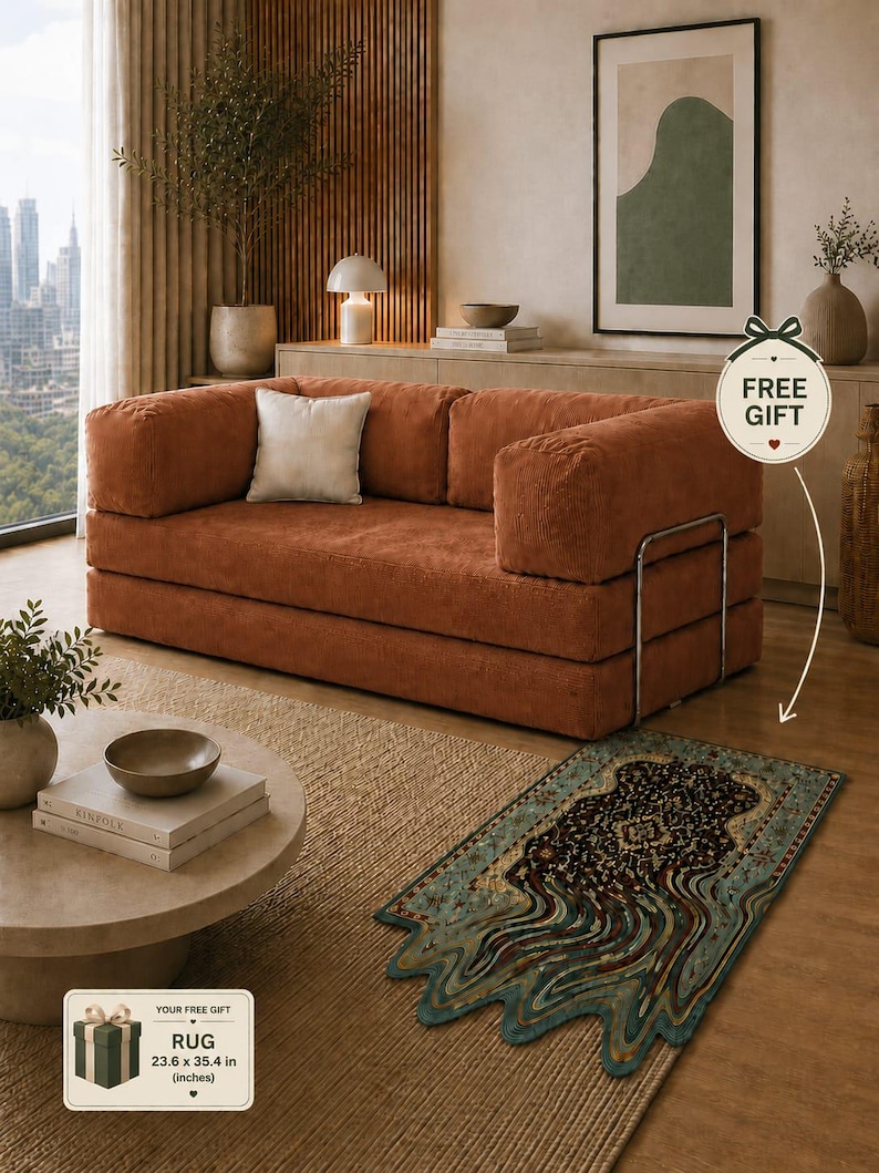 May include: A modern living room setup featuring a rust-colored corduroy sofa with a white pillow. A patterned rug, measuring 23.6 x 35.4 inches, is on the floor. The room includes a round coffee table, artwork, and a free gift promotion.