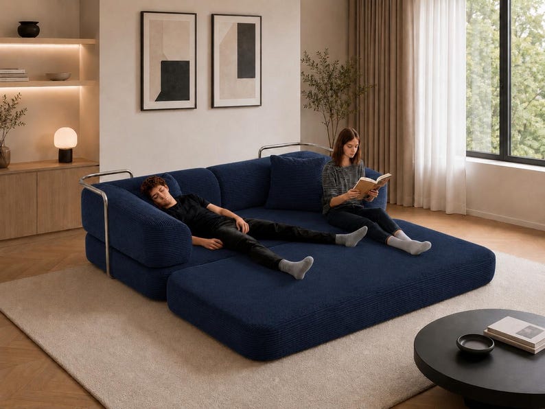 May include: A modern, modular navy blue sofa with a chaise lounge extension. The sofa features a textured fabric and chrome accents. Two people are relaxing on the sofa, one reading a book and the other resting. The sofa sits on a light-colored rug.