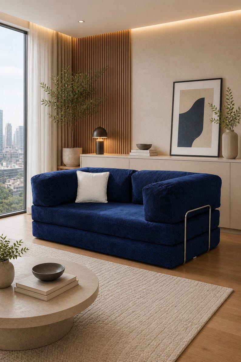 Puede incluir: Sal&oacute;n moderno con un sof&aacute; de pana azul marino y un coj&iacute;n blanco. La habitaci&oacute;n incluye una mesa de centro redonda, una alfombra beige y una obra de arte abstracta enmarcada. Una gran ventana ofrece vistas a la ciudad.