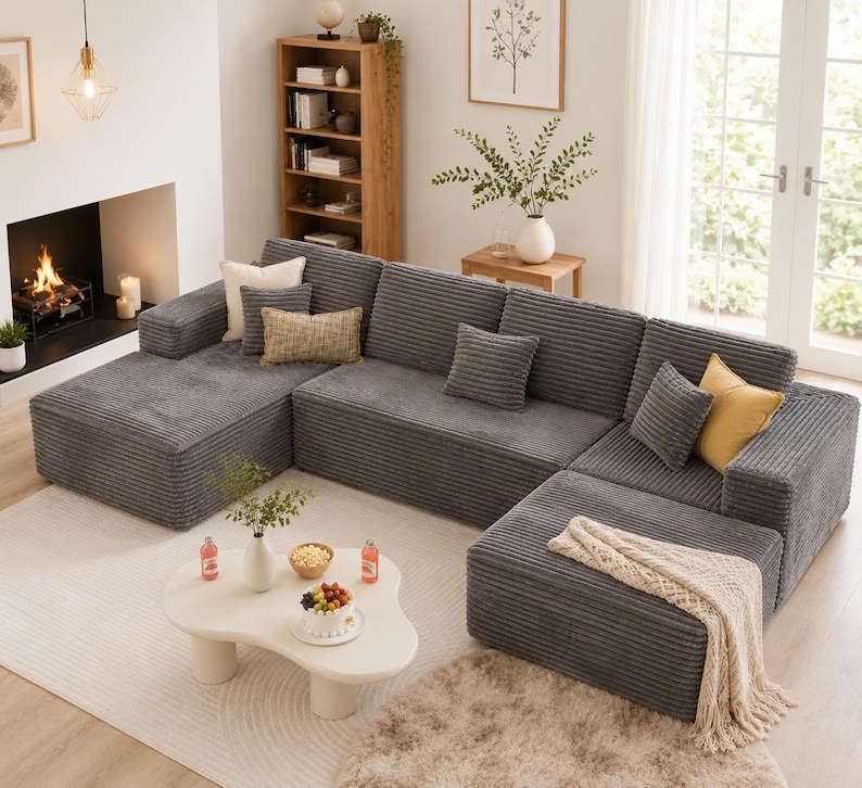 Puede incluir: Un gran sof&aacute; seccional modular de pana gris con m&uacute;ltiples cojines. El sof&aacute; est&aacute; dispuesto en forma de L y se asienta sobre una alfombra de color claro. Cojines decorativos en crema y amarillo a&ntilde;aden color.