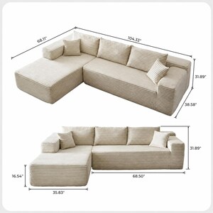 Puede incluir: Sof&aacute; seccional de pana beige con dimensiones mostradas. El sof&aacute; incluye una chaise longue y varias almohadas a juego. La longitud total es de 265 cm, con una longitud de chaise longue de 173 cm.