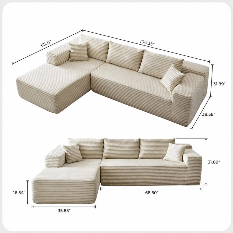 Puede incluir: Sof&aacute; seccional de pana beige con dimensiones mostradas. El sof&aacute; incluye una chaise longue y varias almohadas a juego. La longitud total es de 265 cm, con una longitud de chaise longue de 173 cm.