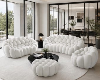 Skulptural bubblasoffgrupp, vit molnsoffa, moderna plyschsittmöbler, organisk design