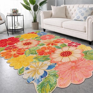 Alfombra de algodón tejida con estampado floral colorido, lavable, para sala de estar (8x10) sdt72