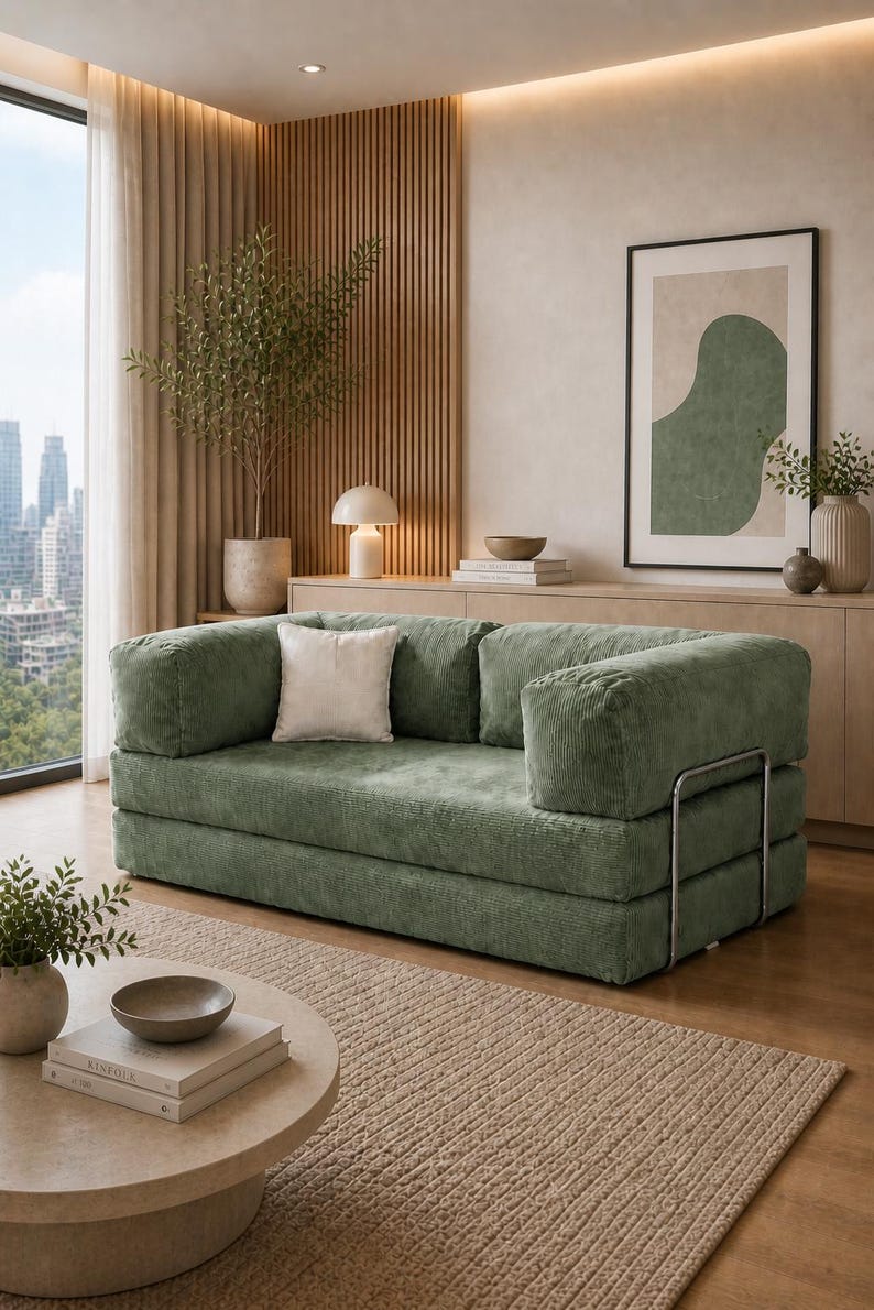 May include: A sage green corduroy sofa with a modern design. The sofa has a low profile, square arms, and a metal frame. A white pillow rests on the sofa. The room features a neutral color palette with a round coffee table and a framed abstract art piece.