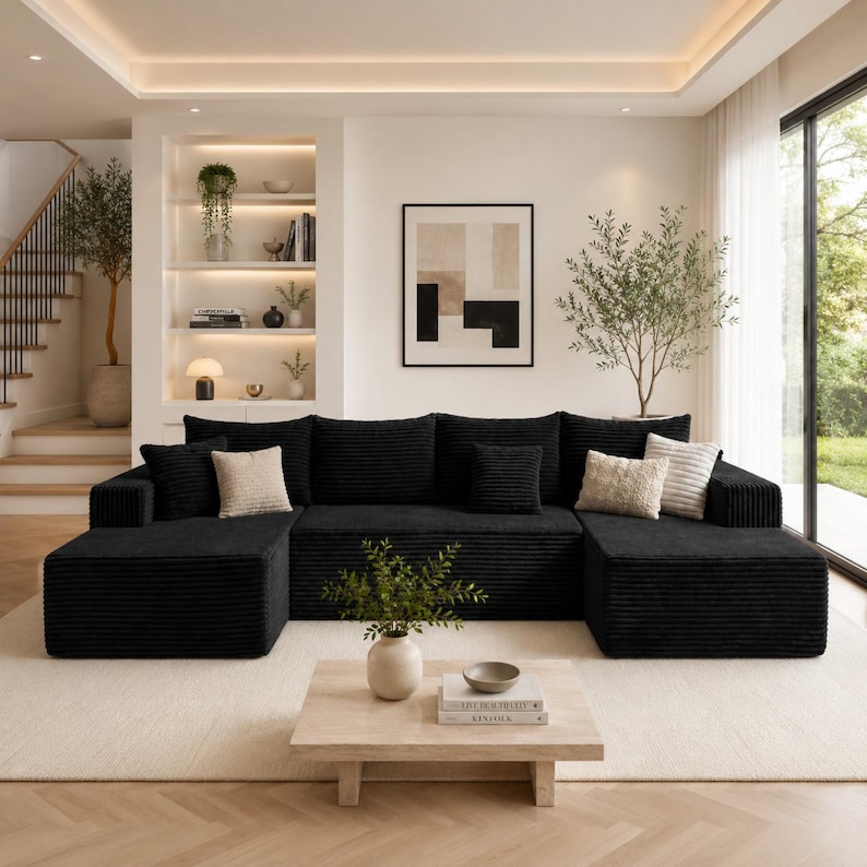 Puede incluir: Sal&oacute;n moderno con un gran sof&aacute; seccional negro con textura de pana y cojines beige y estampados. Una mesa de centro de madera clara con un jarr&oacute;n y libros descansa sobre una alfombra crema. La habitaci&oacute;n tiene una paleta de colores neutros.