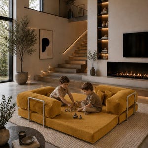 Puede incluir: Dos ni&ntilde;os jugando en un sof&aacute; modular amarillo mostaza con marcos de metal plateado. El sof&aacute; est&aacute; sobre una alfombra beige en una sala de estar moderna con chimenea, estanter&iacute;as empotradas y una escalera.