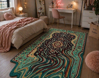Irregular Shaped Rug: Green Ethnic Motif, Wavy Pattern, Woven Base