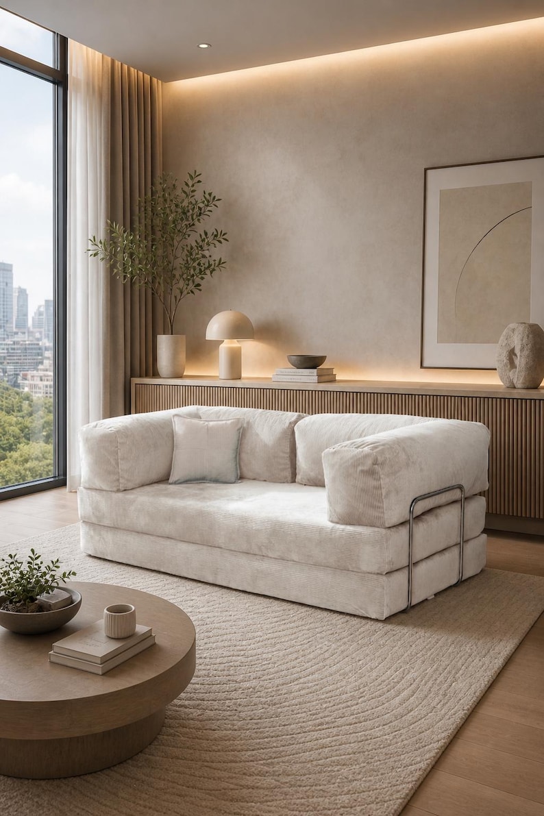 Puede incluir: Un sal&oacute;n moderno con un sof&aacute; de pana color crema con estructura met&aacute;lica. La habitaci&oacute;n incluye una mesa de centro redonda de madera, una alfombra estampada y una gran ventana con vistas a la ciudad. Objetos decorativos y una l&aacute;mpara est&aacute;n sobre un mueble de madera.