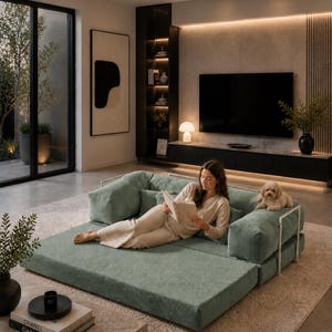 Puede incluir: Un sal&oacute;n moderno con una mujer leyendo en un sof&aacute; modular verde salvia. Un perro peque&ntilde;o est&aacute; sentado en el reposabrazos. La habitaci&oacute;n cuenta con un televisor grande, una paleta de colores neutros y una est&eacute;tica minimalista. Una mesa de centro con libros en primer plano.