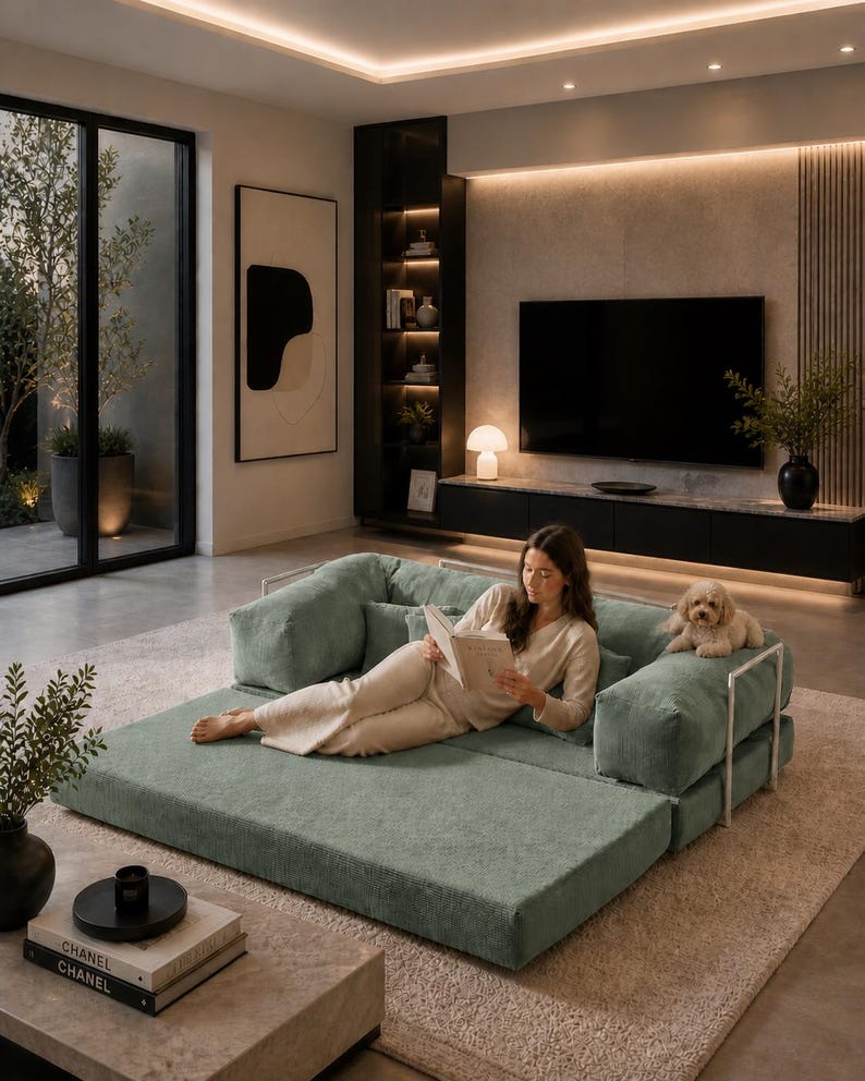 Puede incluir: Un sal&oacute;n moderno con una mujer leyendo en un sof&aacute; modular verde salvia. Un perro peque&ntilde;o est&aacute; sentado en el reposabrazos. La habitaci&oacute;n cuenta con un televisor grande, una paleta de colores neutros y una est&eacute;tica minimalista. Una mesa de centro con libros en primer plano.