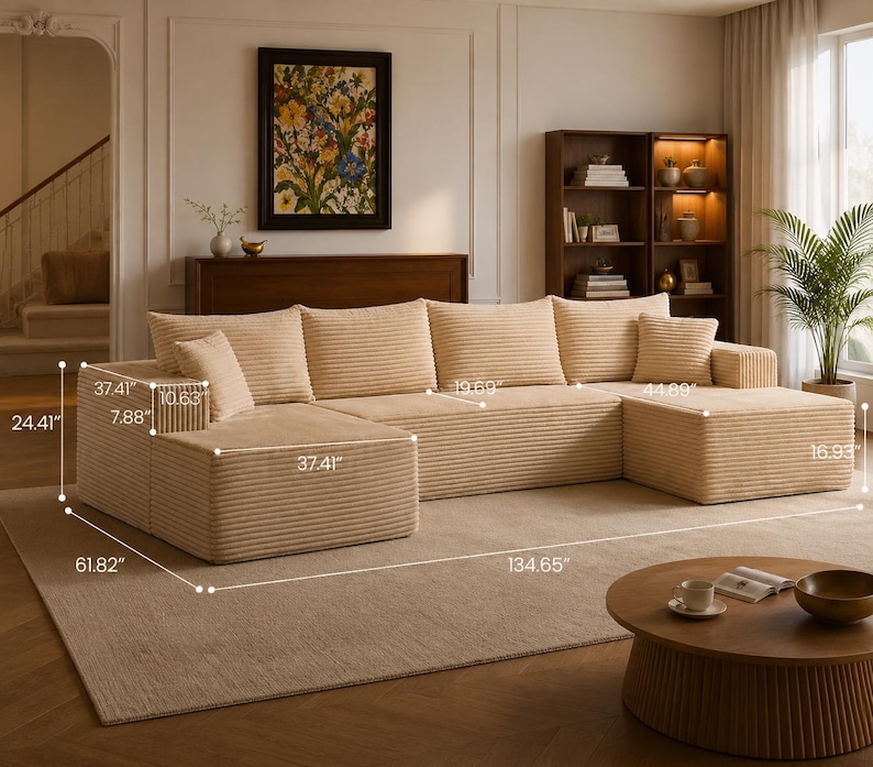 Puede incluir: Un sof&aacute; seccional de pana beige con m&uacute;ltiples cojines y una otomana a juego. El sof&aacute; mide 342 cm de largo y 157 cm de ancho. El sof&aacute; est&aacute; en un sal&oacute;n con una alfombra, una mesa de centro y una pintura.