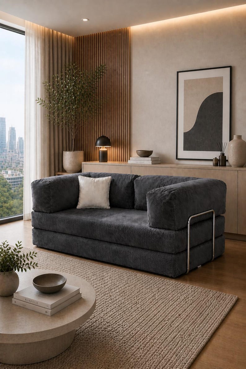 Puede incluir: Un sal&oacute;n moderno con un sof&aacute; de pana gris oscuro y un coj&iacute;n blanco. La habitaci&oacute;n incluye una mesa de centro redonda, una alfombra beige y una gran ventana con vistas a la ciudad. Los objetos decorativos y una pared de acento de madera completan la escena.