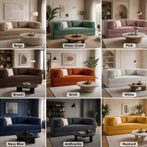 Puede incluir: Una colecci&oacute;n de sof&aacute;s modernos y bajos en varios colores, incluyendo beige, verde agua, rosa, marr&oacute;n, ladrillo, blanco, azul marino, antracita y mostaza. Cada sof&aacute; tiene una mesa de centro redonda y cojines blancos.