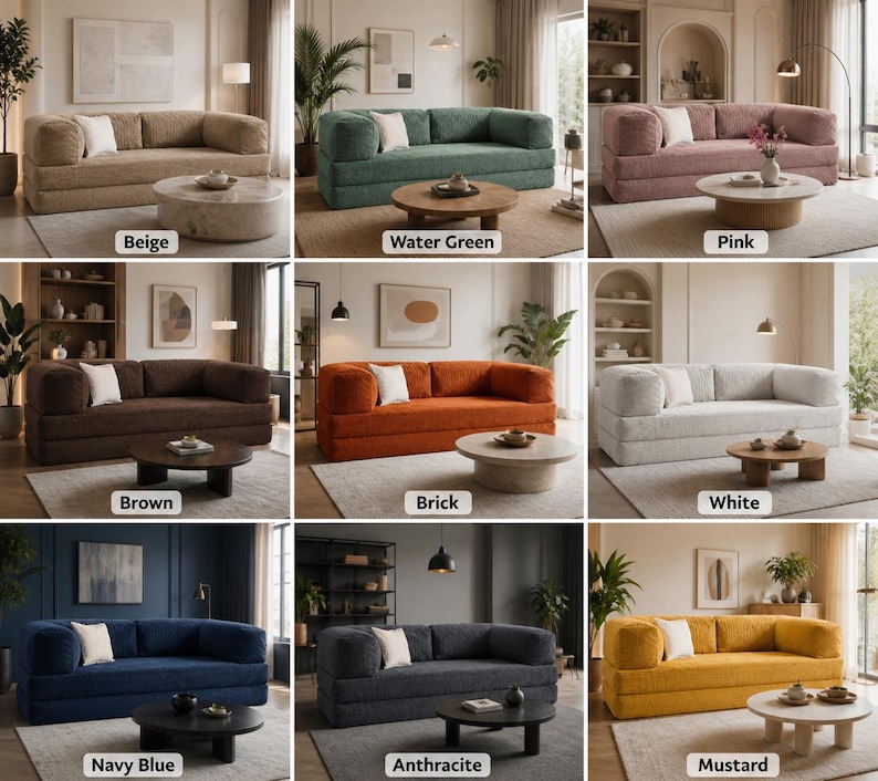Puede incluir: Una colecci&oacute;n de sof&aacute;s modernos y bajos en varios colores, incluyendo beige, verde agua, rosa, marr&oacute;n, ladrillo, blanco, azul marino, antracita y mostaza. Cada sof&aacute; tiene una mesa de centro redonda y cojines blancos.