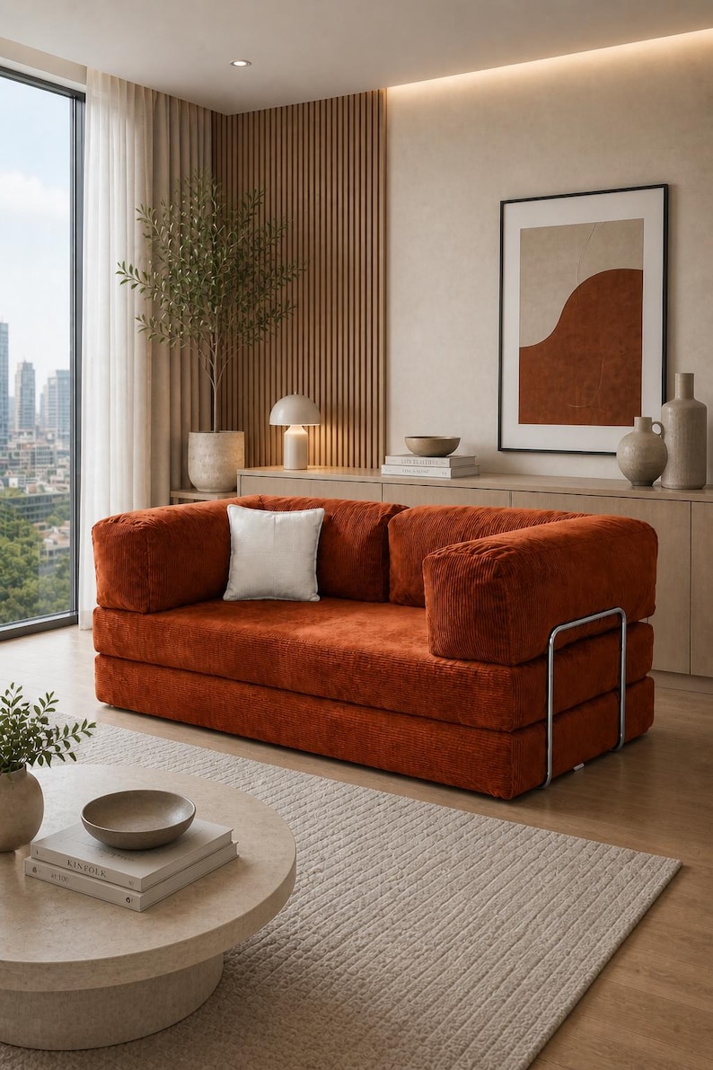Puede incluir: Un sof&aacute; moderno tapizado en pana naranja c&aacute;lido. El sof&aacute; presenta un perfil bajo, brazos cuadrados y un coj&iacute;n blanco cuadrado. El dise&ntilde;o incluye un marco de metal plateado. La habitaci&oacute;n tiene una paleta de colores neutros con una alfombra y una mesa de centro redonda.