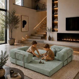 Puede incluir: Un sof&aacute; modular verde claro con detalles de marco met&aacute;lico. Dos ni&ntilde;os juegan en el sof&aacute;. El sof&aacute; est&aacute; sobre una alfombra beige en un sal&oacute;n moderno. La habitaci&oacute;n cuenta con chimenea, escalera y grandes ventanales.