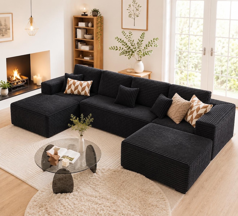 Puede incluir: Un gran sof&aacute; seccional de pana negro con m&uacute;ltiples cojines y una chaise longue. El sof&aacute; est&aacute; colocado sobre una alfombra de color claro, con una mesa de centro de cristal delante. Cojines decorativos en tonos neutros a&ntilde;aden un toque de estilo.
