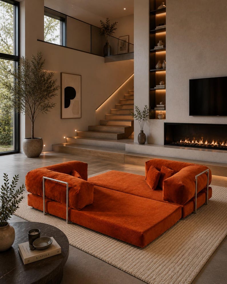 Puede incluir: Un sof&aacute; modular naranja de dise&ntilde;o moderno. El sof&aacute; tiene un perfil bajo y presenta cojines rectangulares y reposabrazos de metal plateado. La habitaci&oacute;n tiene una paleta de colores neutros, una chimenea y una escalera.