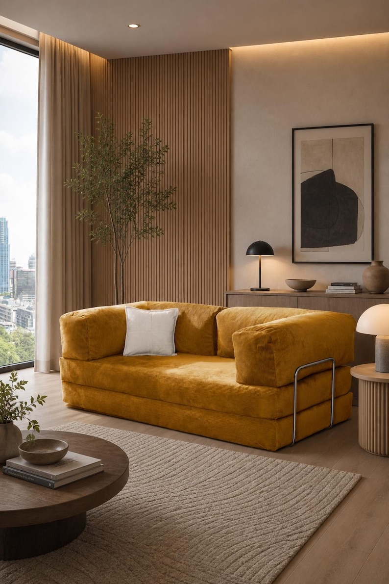 Puede incluir: Un sof&aacute; moderno de color amarillo mostaza con una textura afelpada similar a la pana. El sof&aacute; tiene un perfil bajo, brazos cuadrados y un coj&iacute;n blanco cuadrado. El marco tiene detalles met&aacute;licos plateados. La habitaci&oacute;n tiene una paleta de colores neutros con paneles de madera y una ventana grande.