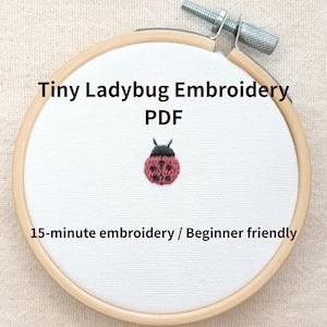Puede incluir: Pequeña mariquita bordada en un bastidor de madera. La mariquita es roja con lunares negros y cabeza negra. El texto dice "Tiny Ladybug Embroidery PDF" y "15-minute embroidery / Beginner friendly."