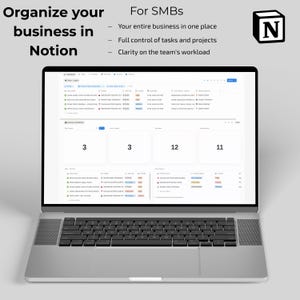 Puede incluir: Un portátil plateado muestra un panel de Notion con datos de gestión de proyectos. La pantalla muestra un panel de control empresarial con números y listas. El texto en la pantalla dice "Organiza tu negocio en Notion". Un logotipo "N" en blanco y negro está en la parte superior derecha.