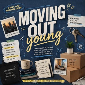 May include: A book cover titled "Moving Out Young" with a blue background, featuring a cityscape photo, keys, and a plant. The cover includes lists of advice and a mug with a smiley face. The theme is about navigating life changes.