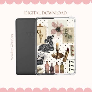 May include: A black e-reader next to a clear case with a collage design. The case features a deer silhouette, a candle, lipstick, and other vintage-style elements. The words "DIGITAL DOWNLOAD" are at the top.