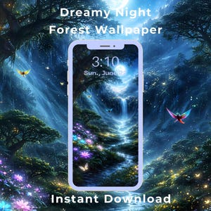 May include: A smartphone displaying a digital wallpaper titled Dreamy Night Forest Wallpaper with the text Instant Download. The screen shows a glowing forest scene with a waterfall, blue and purple flowers, and flying creatures under a full moon.