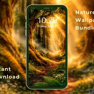 May include: A smartphone displaying a digital nature wallpaper of a sunlit forest path with trees and foliage. The screen shows the time 10:20 and the date Friday, June 5. Text on the image reads Nature Wallpaper Bundle and Instant Download.