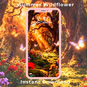 Enchanted Butterfly Forest Phone Wallpaper | iPhone & Android Magical Nature Lock Screen | Sunlit Wildflower Path | HD Digital Download