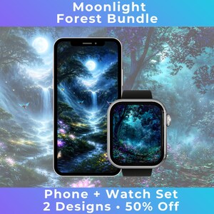 Moonlight Forest Wallpaper Bundle | Phone & Apple Watch Set | iPhone Android Dreamy Night Nature Lock Screen | HD Digital Download